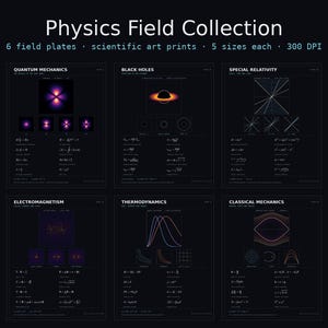 Pode incluir: Physics Field Collection com seis impressões de arte científica em fundo preto. Cada impressão exibe conceitos de física como mecânica quântica, buracos negros e relatividade com diagramas, equações e resolução de 300 DPI.