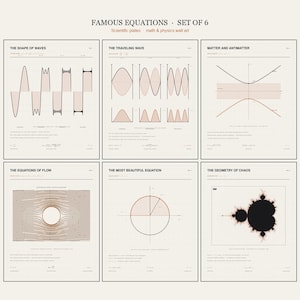 May include: A set of six wall art prints titled FAMOUS EQUATIONS. Each print features scientific diagrams, maths and physics equations, and grid lines on a light background. The titles include The Shape of Waves, The Traveling Wave, Matter and Antimatter, The Equations of Flow, The Most Beautiful Equation, and The Geometry of Chaos.