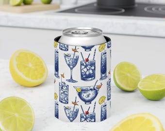Enfriador de latas/portavasos con estampado retro de cócteles, ideal para artículos de bar.
