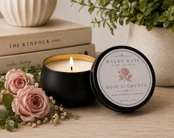 Rose Elements Scented Candle, Black Tin Home Decor, Hand Poured in Tennessee