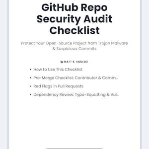 Può includere: Un planner stampabile intitolato GitHub Repo Security Audit Checklist. Il documento include sezioni su come utilizzare la lista di controllo, revisioni di contributori e commit, segnali di allarme nelle pull request e revisioni delle dipendenze.