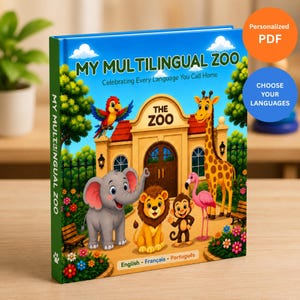 Op de afbeelding: Een hardcover boek getiteld My Multilingual Zoo: Celebrating Every Language You Call Home. De kaft toont een kleurrijke illustratie van een dierentuiningang met een papegaai, olifant, leeuw, aap, giraf en flamingo aan de voorzijde.