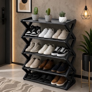 May include: A black five-tier shoe rack with a zigzag side frame design. The shelves hold various footwear including sneakers, dress shoes, and sandals. Three small potted succulents are placed on the top shelf of the storage unit.