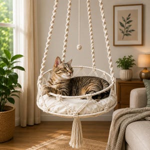 May include: A cream-colored macrame hanging cat bed featuring a circular base with a soft cushion, suspended by four braided ropes that meet at a central point. A brown tabby cat is resting inside the circular structure, which has a decorative tassel.