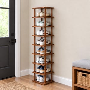 May include: A tall, vertical wooden shoe rack with eight open shelves. Each shelf holds a single pair of white athletic sneakers with blue and grey accents. The structure is made of medium-toned wood with a simple, clean-lined frame design.