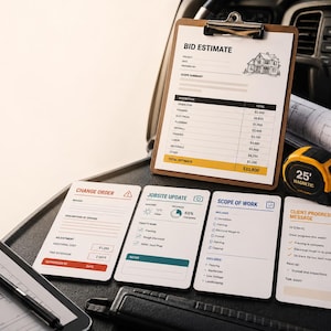 May include: A brown clipboard with a Bid Estimate form, four white cards labeled Change Order, Jobsite Update, Scope of Work, and Client Progress Message, a black pen on a blueprint, and a yellow 25-foot magnetic measuring tape.