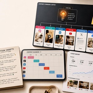May include: A content command center board with a lightbulb graphic, a content calendar tablet, a spiral notebook titled Caption Drafts with social media icons, and a client report document showing analytics, engagement, and audience growth metrics.