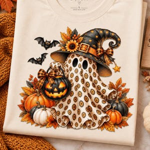 Spooky Witch Ghost Halloween Shirt Design, Pumpkin, Bats, Fall Clipart (PNG)