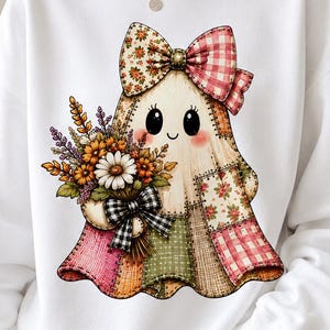 Patchwork Floral Ghost PNG, Floral Bouquet, Gingham Bows, Halloween Sublimation Design