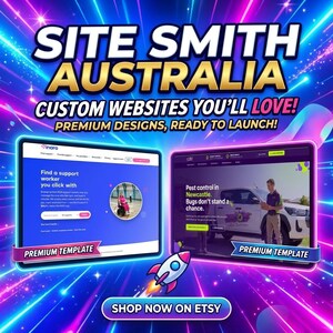 Può includere: Una grafica digitale per Site Smith Australia con due schermi di tablet che mostrano modelli di siti web su uno sfondo blu e viola neon, con un'icona a forma di razzo e il testo: Site Smith Australia, Custom Websites You'll Love!