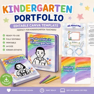Op de afbeelding: Een digitale kleuterportfolio-sjabloonset met een map met een regenboogomslag, een All About Me-pagina, een aanwezigheidsrooster en maandelijkse voortgangsbladen. Het ontwerp bevat kleurrijke afbeeldingen, tekst en illustraties van kinderen.