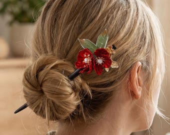 Elegant Red Flower Hair Pin, Wood Hair Stick for Buns, Vintage Updo Hair Accessory, Delicate Botanical Hair Fork, Bridesmaid Gift