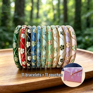 Cloisonne Bracelet, Enamel Bangle Set with Gift Pouch, Vintage Handmade Floral Bangle Single or Set Gift for Her Anniversary, Birthday, Wife