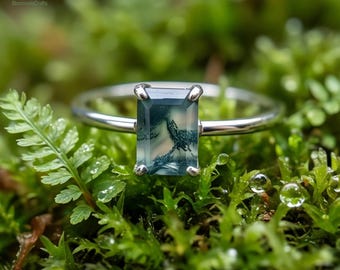 Moss Agate Ring 925 Silver Emerald Cut Dainty Green Gemstone Ring Nature Inspired Jewelry
