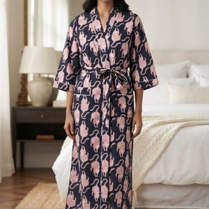 Hand Block Print Cotton Kimono Robe, Cat Pattern Loungewear, Lightweight Bathrobe