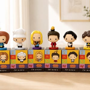 May include: A set of six Friends character figurines, each standing on a square box featuring the McDonald's logo and the Friends logo. The figures have stylised, large heads and small bodies, depicting various characters with distinct hair and outfits.