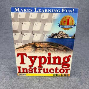 May include: A Typing Instructor Deluxe software box featuring a white computer keyboard background, a blue ocean scene with rocky islands, and a globe graphic. The text reads Makes Learning Fun!, #1 Best Selling Deluxe, and Typing Instructor.