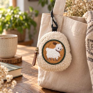 Puede incluir: Un pequeño estuche redondo de forro polar sherpa color crema con un parche circular que muestra un cordero blanco bordado sobre un fondo tostado. El estuche tiene una cremallera con tirador de cuero marrón y un mosquetón negro.