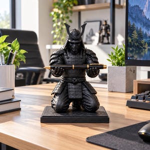 May include: A black samurai figurine kneeling on a square base, holding a black and gold pen horizontally with both hands. The figure wears traditional armor with a helmet featuring a crest. The pen has a gold clip and gold accents.
