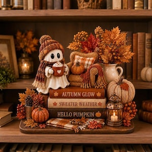 Lesegeist-Kürbis-Holzblock, Herbstdeko fürs Bücherregal, gemütliche Herbstbibliothek, Halloween-Geschenk für die Leseecke, Geister-Bücherstapel-Deko