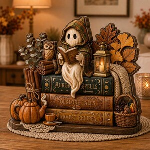 Houten blok met spookachtige herfstthema, decoratie voor een stapel boeken in Halloween-stijl, gezellige herfstdecoratie voor op de boekenplank, griezelige herfstdecoratie met spookthema voor in huis.