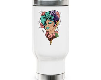 Tazza da viaggio in acciaio inossidabile da 414 ml con manico e teschio floreale.