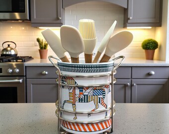 Porte-ustensiles en céramique fait main, pot à ustensiles de cuisine en forme de cheval, organisateur de comptoir moderne, décoration de cuisine de luxe, porte-ustensiles de cuisine en céramique