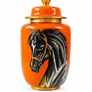 Jarrón de cerámica de lujo con diseño de caballo, jarrón pintado a mano con forma de caballo, decoración ecuestre, decoración de cerámica naranja, decoración del hogar con detalles dorados, regalo para amantes de los caballos.