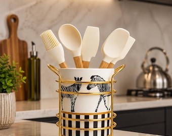 Portautensili in ceramica fatto a mano, portautensili da cucina a forma di zebra, organizer da piano di lavoro in metallo dorato, decorazione moderna per la cucina, porta utensili da cucina