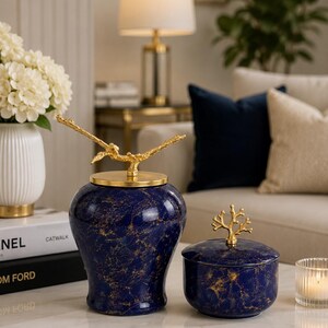 Luxury Blue Marble Ceramic Decorative Jar Set, Handmade Porcelain Ginger Jars with Gold Lid, Modern Home Decor, Coffee Table Decor, Gift