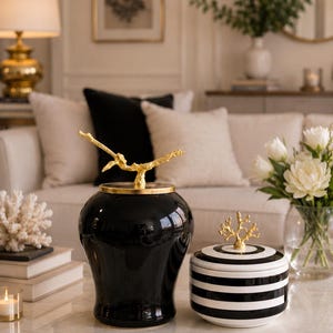 Handmade Black Ceramic Decorative Jar Set | Luxury Modern Home Decor | Gold Lidded Canisters | Coffee Table & Console Styling