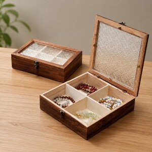 Solid Wood Desktop Jewelry Box with Clear Lid, Rectangular Large Capacity Wooden Storage Case for Rings Earrings Necklaces