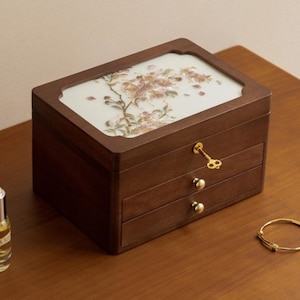 Solid Wood Jewelry Box, Three-Tier Lockable Organizer, Floral Embroidery Top