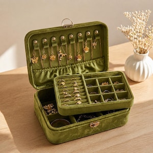 May include: An olive green velvet jewelry box with a hinged lid and a removable top tray. The interior features gold-toned metal hooks for necklaces, multiple ring slots, and square compartments for organizing various pieces of jewelry.