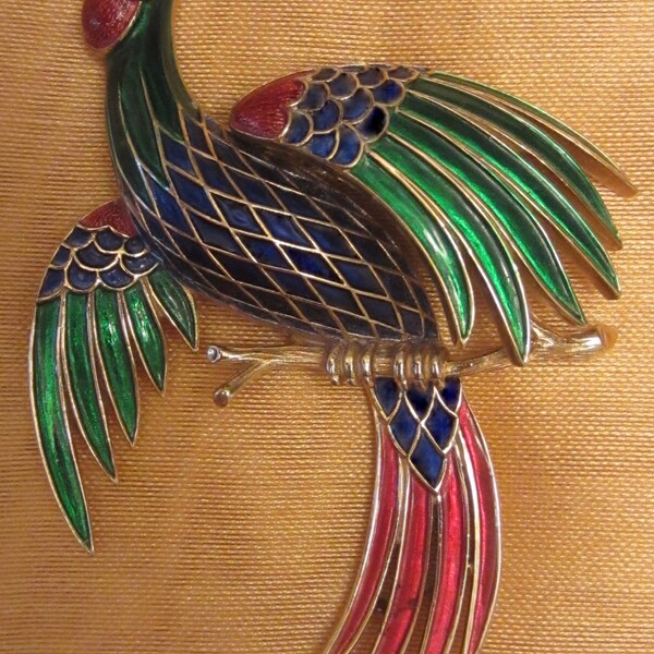 Vintage Crown Trifari Exotic Enameled Bird Of Paradise Perched on Branch Brooch.... 2 Treasury listing'....24 HOUR SALE FROM 165.00