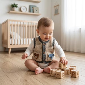 May include: A beige crochet vest with a waffle texture, dark gray trim, and three brown buttons. The vest features two front pockets, one with a brown bear appliqué and the other with a blue elephant appliqué, worn over a white long-sleeve shirt.