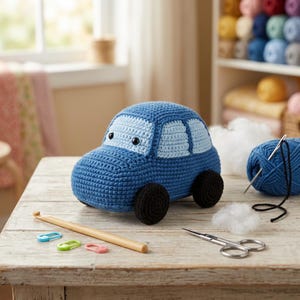 May include: A blue crocheted toy car with light blue windows and black wheels. The car is surrounded by crafting supplies including a wooden crochet hook, small colorful stitch markers, a pair of silver scissors, and a ball of blue yarn.