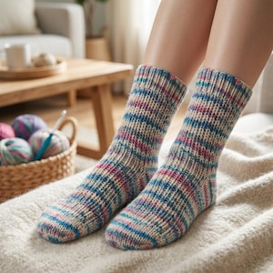 May include: A pair of mid-calf knit socks featuring a variegated yarn pattern with horizontal stripes in shades of cream, light blue, and magenta. The socks are constructed with a ribbed texture throughout the leg and foot, ending in a rounded toe.