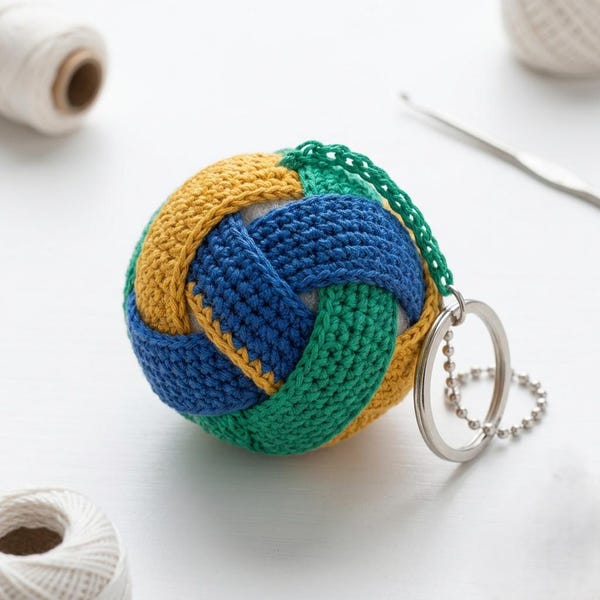 3 Color Ball Keychain Crochet Pattern, Intertwined Crochet Ball PDF, Crochet Ball Keychain Pattern PDF, 3 Color Woven Sphere Keyring