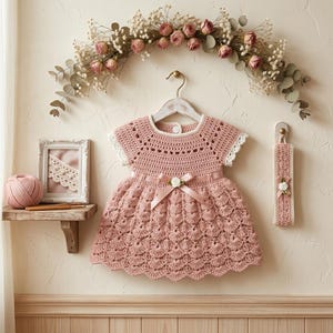 Può includere: Un abito all'uncinetto color rosa polvere con maniche corte, bordo smerlato bianco e un nastro di raso in vita con un piccolo fiore bianco. L'abito è appeso a una gruccia insieme a una fascia per capelli coordinata con un fiore bianco.