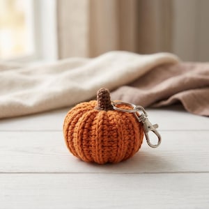 Può includere: Un piccolo portachiavi a forma di zucca arancione lavorato all'uncinetto, di forma rotonda, con un gambo marrone scuro sulla parte superiore. La zucca è fissata a un anello in metallo argentato e a un moschettone per agganciare chiavi o accessori.