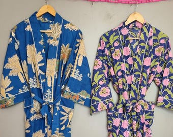 Women’s cotton kimono robe, soft lightweight bath robe, long dressing gown, spa loungewear, tie waist, everyday wear