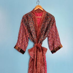 Vintage silk patchwork kimono, boho Japanese robe, upcycled haori jacket, long duster cardigan, statement festival wrap, Bridesmaid Gifts,