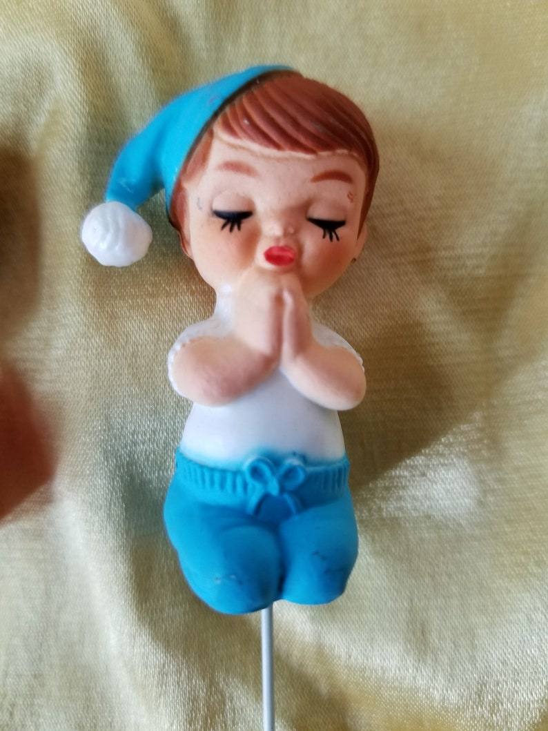 Christmas Vintage 1950s Praying Boy Girl Floral Picks Craft Corsage Wreath Stocking Ornament Cupcale Cake Stems Jesus Communion Comfirmation
