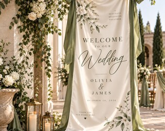 Wedding Welcome Sign, Personalized Satin Fabric with Names and Date