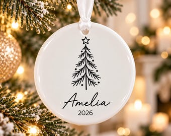 Personalized Ceramic Christmas Ornament, Custom Name and Year, 8 Tree Styles