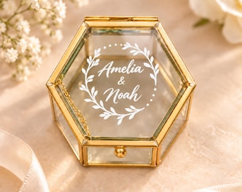 Personalized Glass Wedding Ring Box, Hexagonal Gold-Tone Keepsake