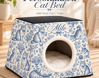 Personalized Cat Bed with Name, Oxford Fabric Cat Cave in 15 Cat-Themed Designs