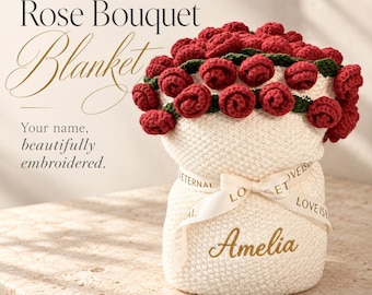 Personalized Rose Bouquet Blanket with Embroidered Name, Cream Knitted Floral Throw