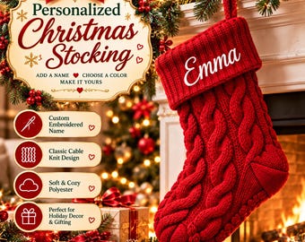 Personalized Christmas Stocking, Embroidered Name Knit Stocking, Family Stockings, Kids Christmas Stocking